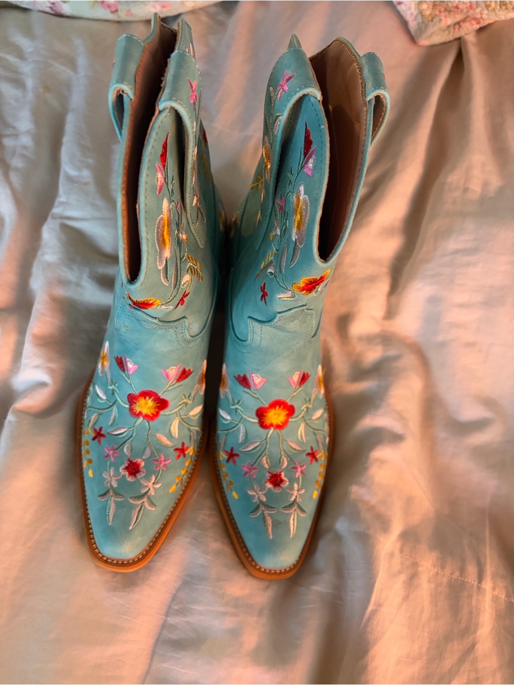Turquoise Floral Embroidered Western Heeled Boots - Women